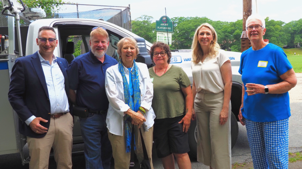 At the celebration for the 50th anniversary of Hall’s Pond as a Nature Sanctuary. Left to right: Tommy Vitolo, Tom Brady, Barbara Mackey, Ellen Forrester,
Erin Chute, and Judy Currier, representing Jo Albrecht.