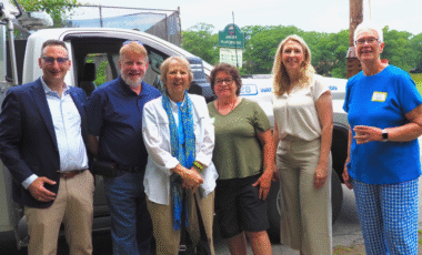 At the celebration for the 50th anniversary of Hall’s Pond as a Nature Sanctuary. Left to right: Tommy Vitolo, Tom Brady, Barbara Mackey, Ellen Forrester,
Erin Chute, and Judy Currier, representing Jo Albrecht. 
(Fran Perler)