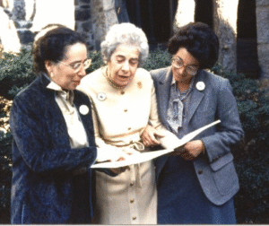 Congratulated for their work, Jackie Fried, Jo Albrecht, and Betsy Shure Gross celebrated an official proclamation for the Friends of Hall’s Pond in 1975.